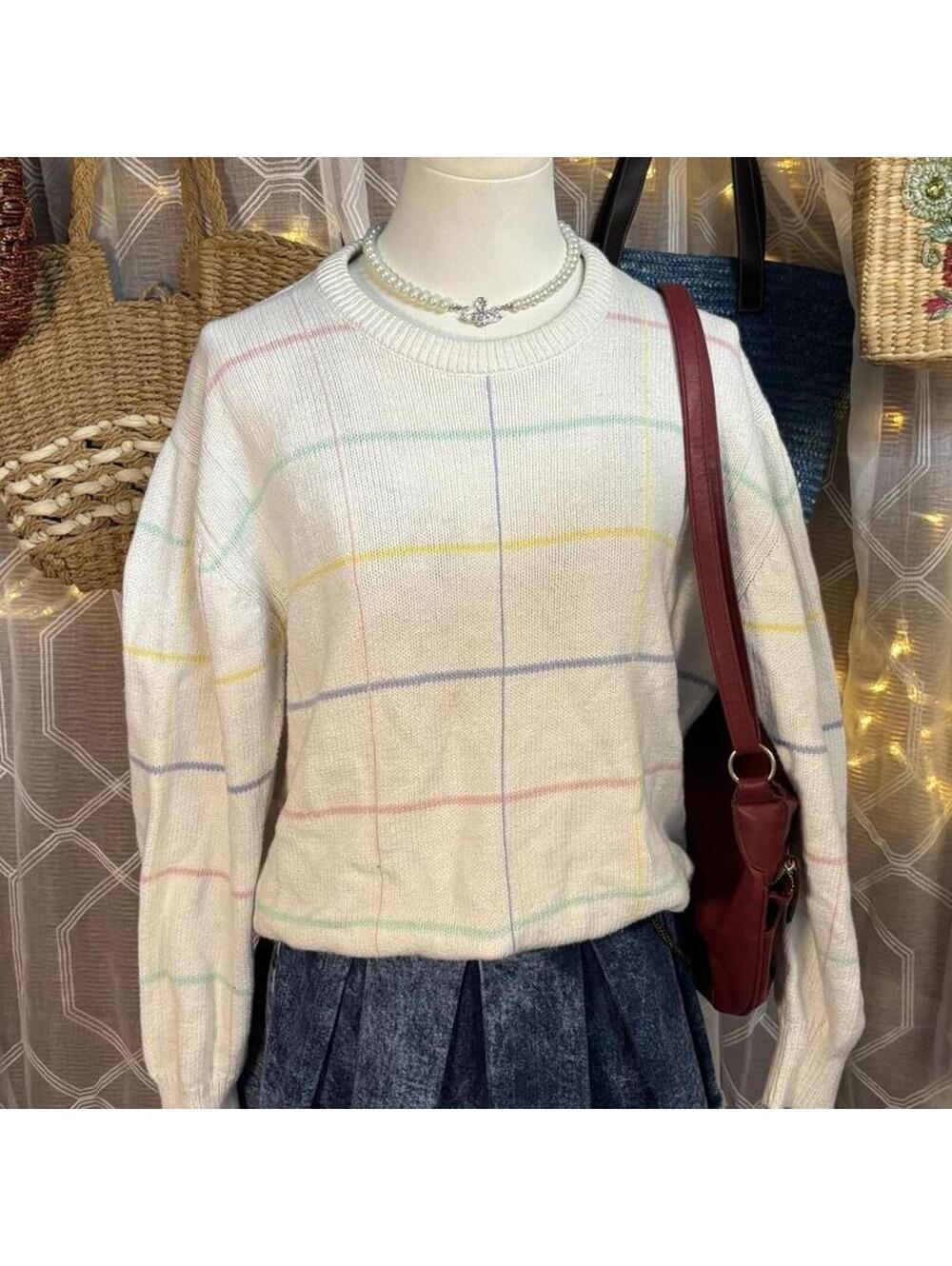 Vintage Lands' End Italy Cotton Pastel Windowpane Sweater Preppy Coastal L